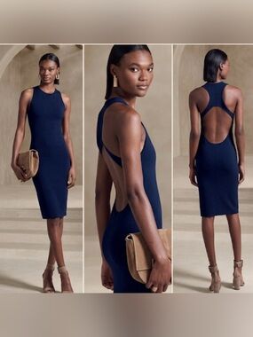 Banana Republic Tia Racerback Midi
Dress, Navy Blue, Size Large, Cutout Bodycon